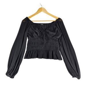 EXPRESS WOMENS BLACK SMOCKED PUFF SLEEVE BLOUSE SIZE XS SQUARE NECK